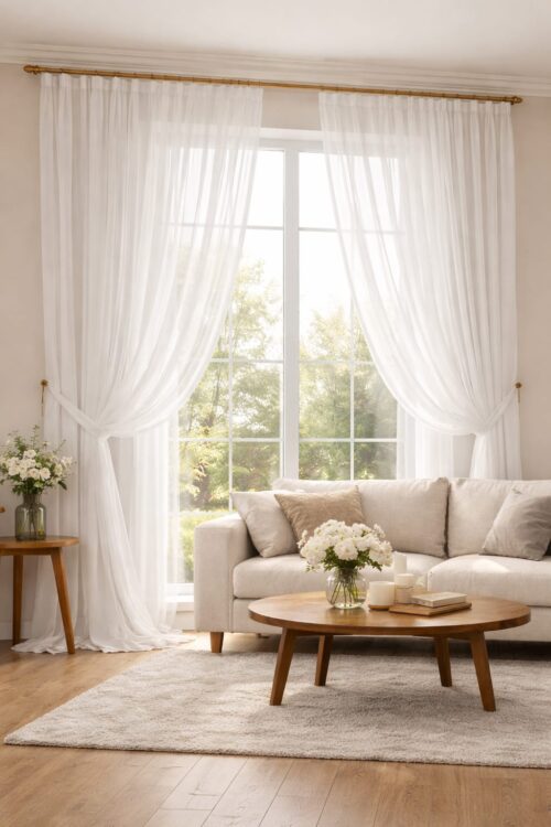 Perdea triplu voal, alba, mata, semi-transparenta