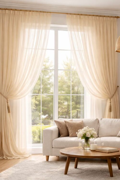 Perdea triplu voal, crem, mata, semi-transparenta